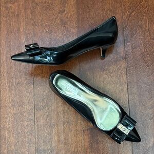Coach Black Patent Leather Pointed Toe Kitten Heels with Bow Accent, Size 6.5